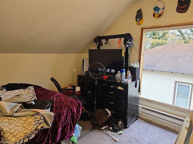 carpeted bedroom with vaulted ceiling and a baseboard heating unit