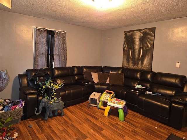 living room featuring wood-type flooring and a textured ceiling