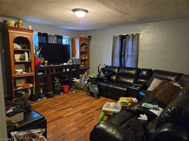 living room with hardwood / wood-style floors and a textured ceiling