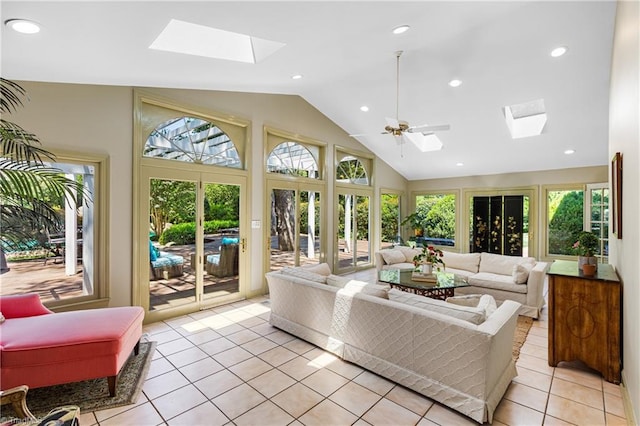 3500 Quarterstaff Pl, Winston-Salem, NC 27104 - living room with a skylight, light tile patterned flooring, a ceiling fan, recessed lighting, and high vaulted ceiling