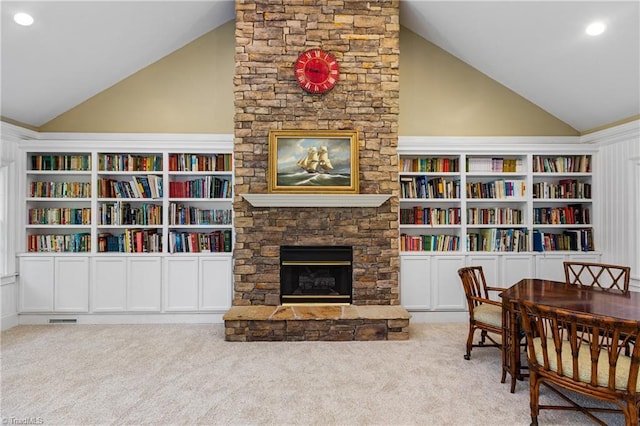 3500 Quarterstaff Pl, Winston-Salem, NC 27104 - living area featuring lofted ceiling, carpet, a fireplace, and recessed lighting