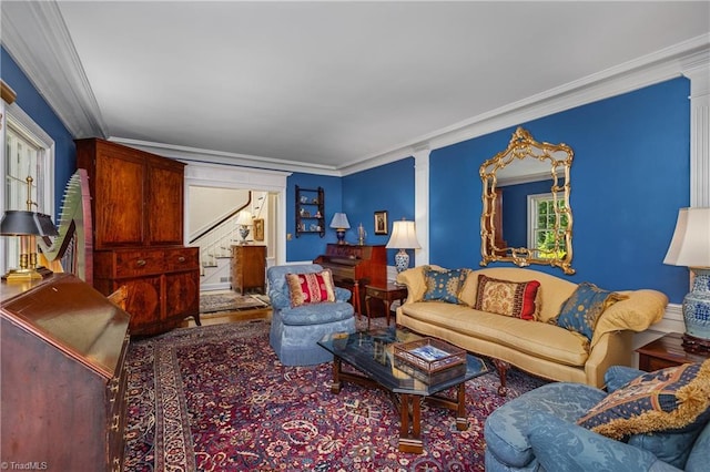 3500 Quarterstaff Pl, Winston-Salem, NC 27104 - living room featuring stairway, crown molding, and wood finished floors