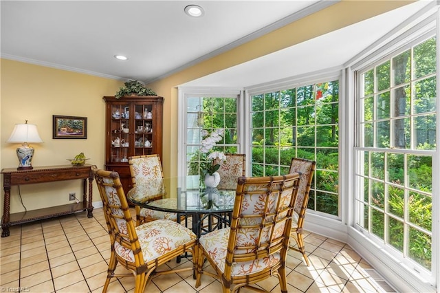 3500 Quarterstaff Pl, Winston-Salem, NC 27104 - dining room with light tile patterned floors, crown molding, and recessed lighting