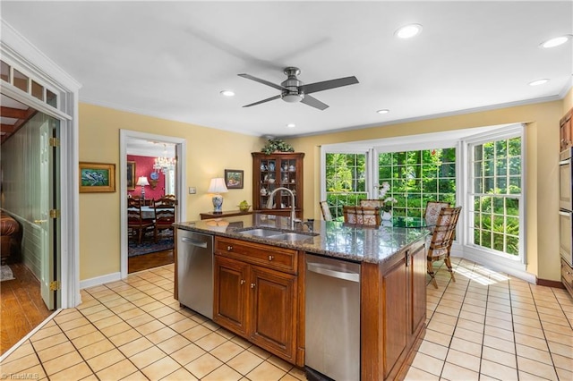 3500 Quarterstaff Pl, Winston-Salem, NC 27104 - kitchen with dishwasher, healthy amount of natural light, crown molding, ceiling fan, and recessed lighting