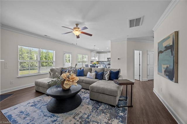 living room with baseboards, a ceiling fan, dark wood-style floors, ornamental molding, and recessed lighting