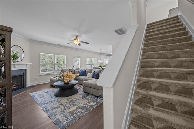 living room featuring stairway, ceiling fan, dark wood-style flooring, ornamental molding, and a fireplace with flush hearth