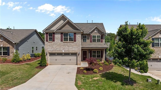 craftsman-style house featuring driveway, brick siding, an attached garage, a front yard, and cooling unit