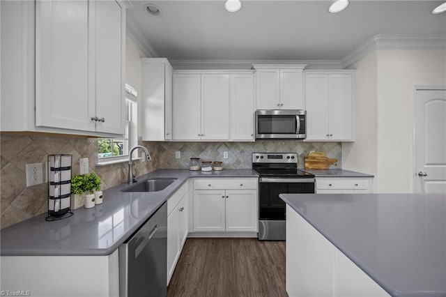 kitchen featuring stainless steel appliances, a sink, white cabinets, dark wood-style floors, and recessed lighting