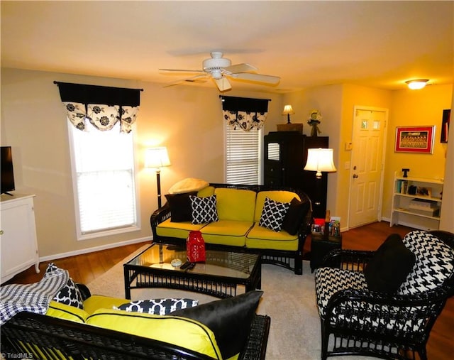 149 Pinewood Ln Unit 104, Bermuda Run, NC 27006 - living area featuring a ceiling fan, plenty of natural light, baseboards, and wood finished floors