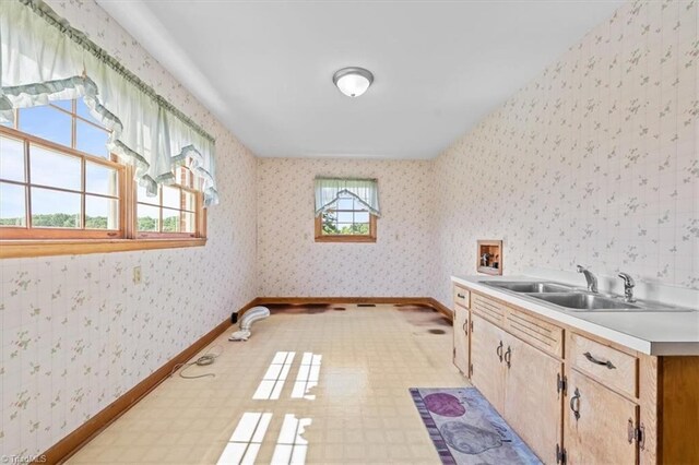 6277 Bennett Rd, Seagrove, NC 27341 - kitchen with a sink, wallpapered walls, light countertops, baseboards, and light floors