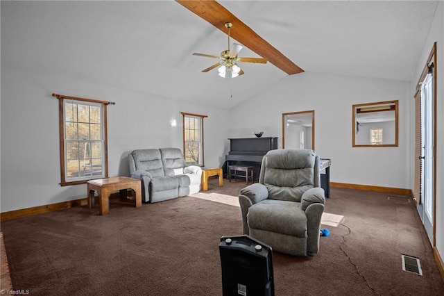 living room featuring ceiling fan, carpet floors, and lofted ceiling with beams