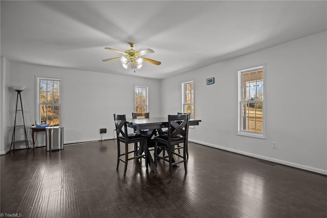 dining room featuring dark wood-type flooring and ceiling fan