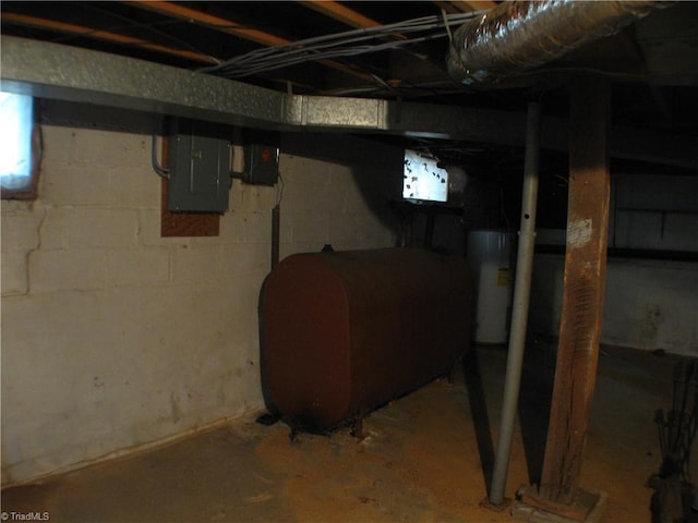 basement with electric panel, water heater, and heating fuel