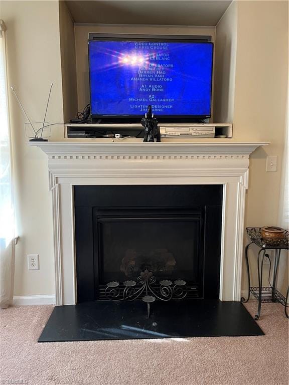 room details with carpet and a fireplace