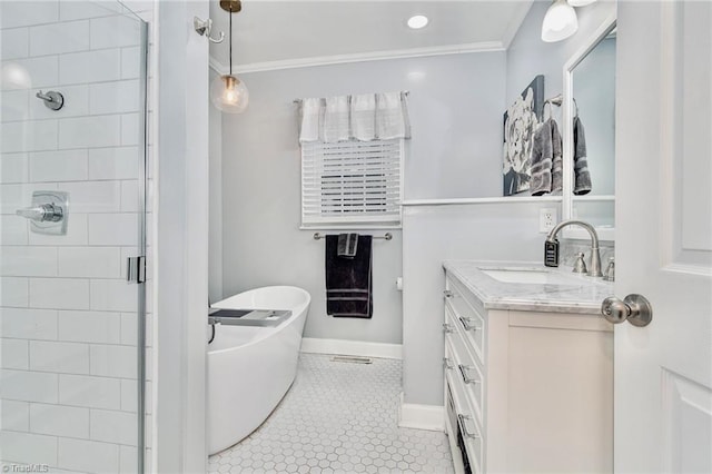 bathroom featuring crown molding, tile patterned floors, vanity, and independent shower and bath