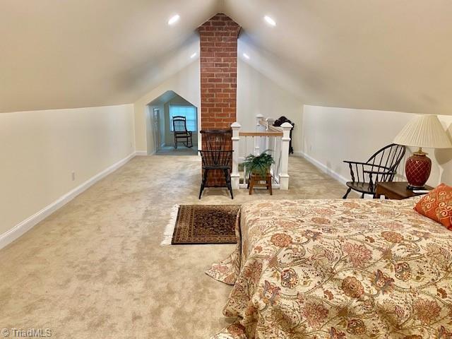 305 W Avondale Dr, Greensboro, NC 27403 - bedroom featuring carpet, lofted ceiling, baseboards, and recessed lighting