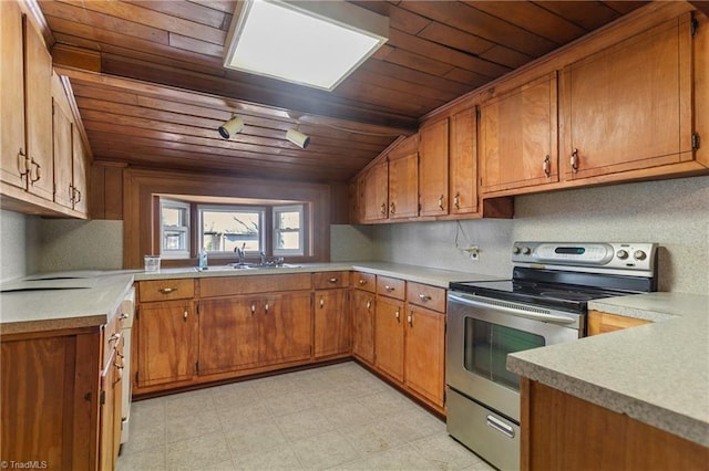 kitchen featuring stainless steel electric range, wooden ceiling, sink, and tasteful backsplash