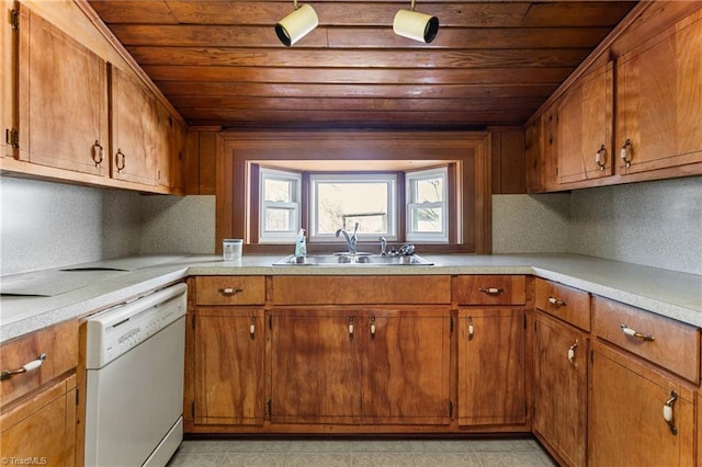 kitchen with backsplash, sink, white dishwasher, and wooden ceiling