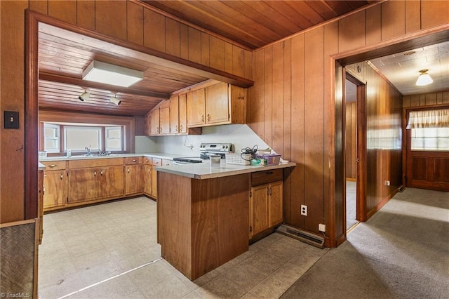 kitchen featuring wood walls, electric stove, sink, kitchen peninsula, and wood ceiling