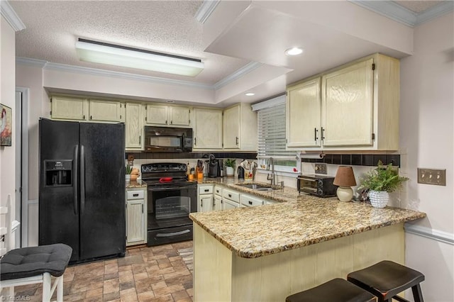 kitchen featuring a peninsula, a sink, black appliances, and tasteful backsplash