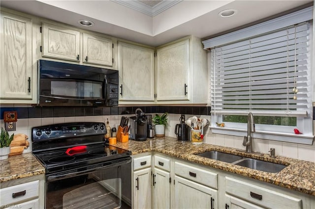 kitchen with a sink, decorative backsplash, black appliances, and ornamental molding