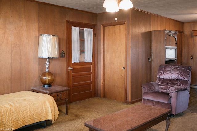 bedroom featuring carpet floors and wooden walls