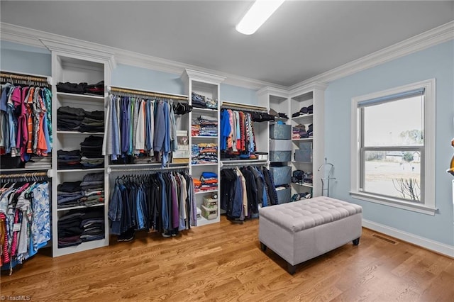 spacious closet featuring wood finished floors and visible vents