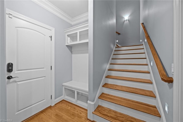 stairs featuring wood finished floors and ornamental molding