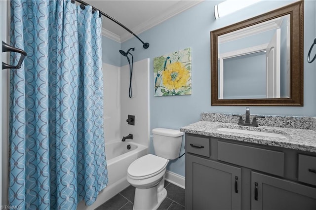 bathroom featuring toilet, tile patterned flooring, shower / tub combo, crown molding, and vanity