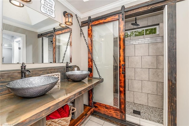 525 Carolina Blvd, Salisbury, NC 28146 - full bathroom with a shower stall, crown molding, double vanity, and tile patterned flooring