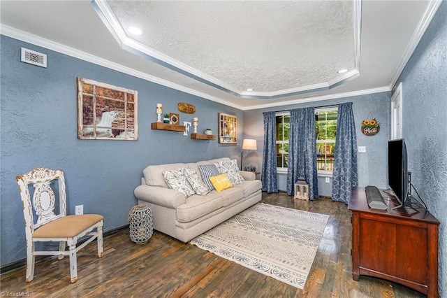 525 Carolina Blvd, Salisbury, NC 28146 - living area with a raised ceiling, wood finished floors, a textured wall, a textured ceiling, and crown molding