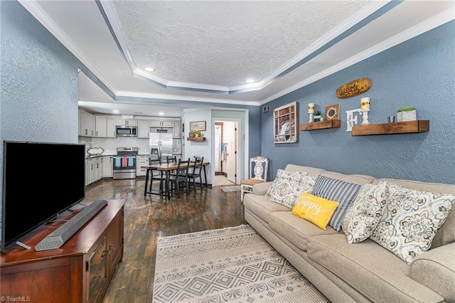 525 Carolina Blvd, Salisbury, NC 28146 - living area featuring a textured wall, dark wood-style flooring, a textured ceiling, a raised ceiling, and ornamental molding