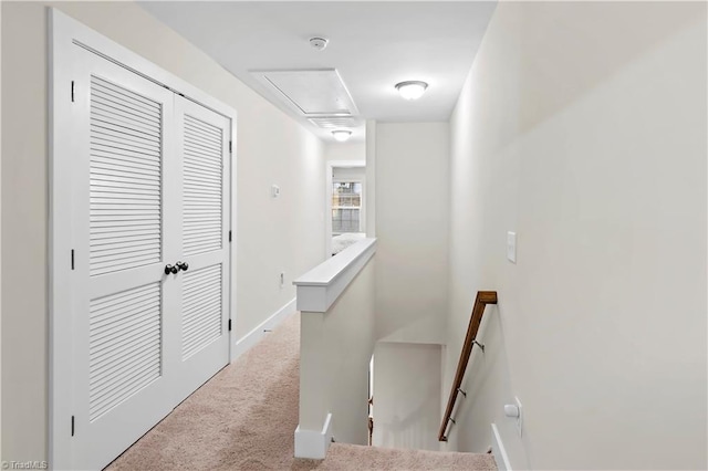hall featuring an upstairs landing, carpet floors, and attic access