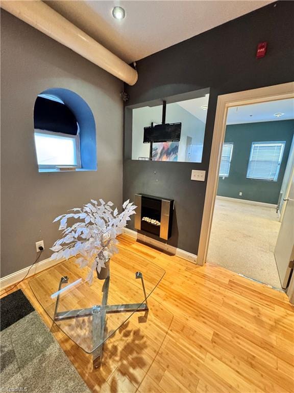 220 Market St Unit 110, Greensboro, NC 27401 - workout room featuring a fireplace with raised hearth, wood finished floors, and baseboards