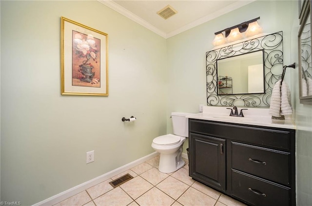 bathroom with ornamental molding, tile floors, toilet, and vanity