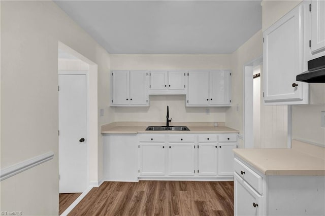 kitchen with wood-type flooring, sink, and white cabinets