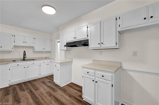 kitchen with sink, white cabinetry, and dark hardwood / wood-style flooring