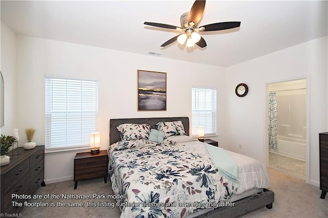 bedroom featuring visible vents, baseboards, ceiling fan, connected bathroom, and carpet flooring