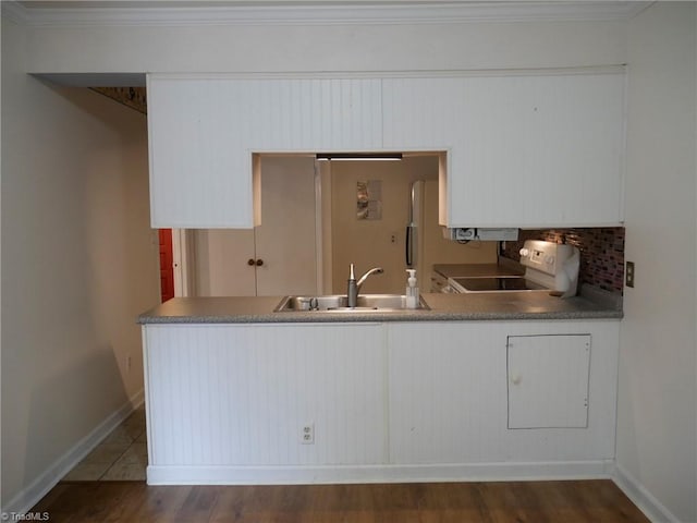 kitchen with white cabinetry, range, sink, and dark hardwood / wood-style flooring