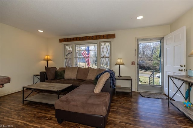 living room with recessed lighting, baseboards, and wood finished floors