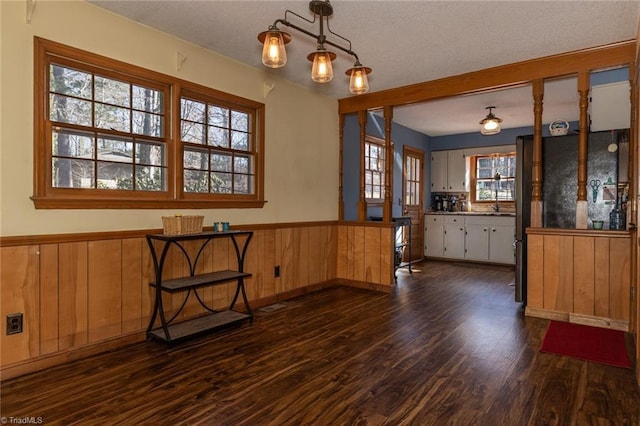 dining room featuring a textured ceiling, dark wood-style floors, wood walls, and wainscoting