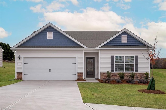 craftsman-style home with a front yard, stone siding, concrete driveway, and a garage