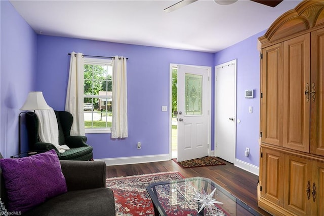 1519 Graves Ave, High Point, NC 27260 - foyer with ceiling fan, dark wood-style floors, and baseboards