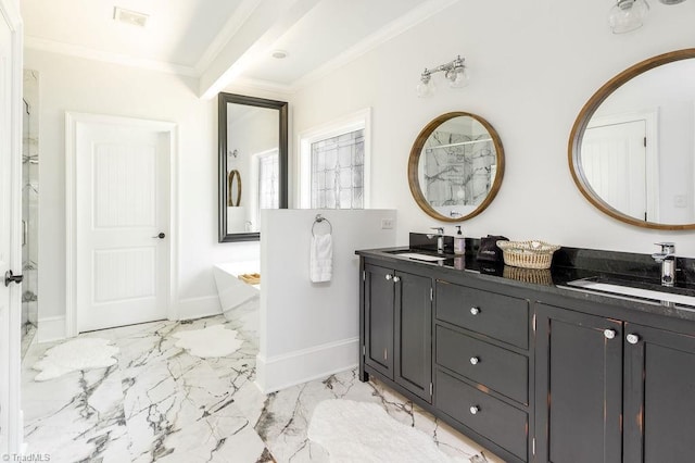 full bathroom featuring a sink, marble finish floor, baseboards, visible vents, and ornamental molding