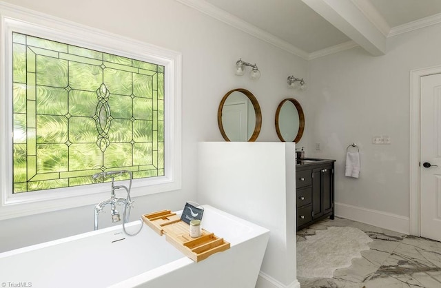 bathroom featuring crown molding, a freestanding bath, marble finish floor, and vanity