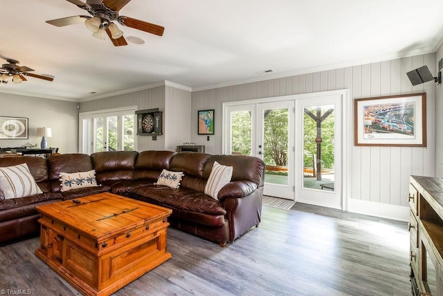 living area featuring ornamental molding, ceiling fan, and wood finished floors