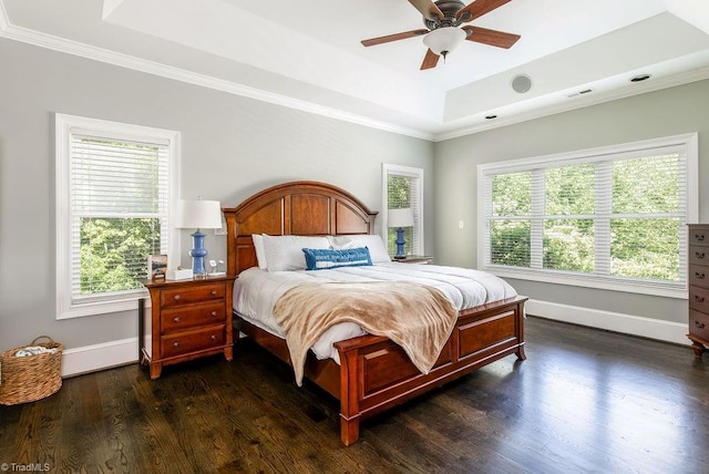 bedroom with crown molding, multiple windows, a raised ceiling, and dark wood-type flooring