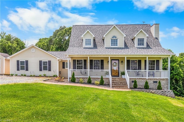 1130 Roberts Mountain Rd, Westfield, NC 27053 - cape cod house with a chimney, a front lawn, a shingled roof, and covered porch