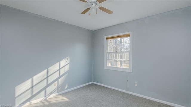 carpeted spare room with ceiling fan