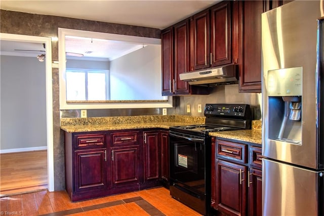 kitchen featuring wood-type flooring, electric range, light stone counters, ornamental molding, and stainless steel fridge with ice dispenser